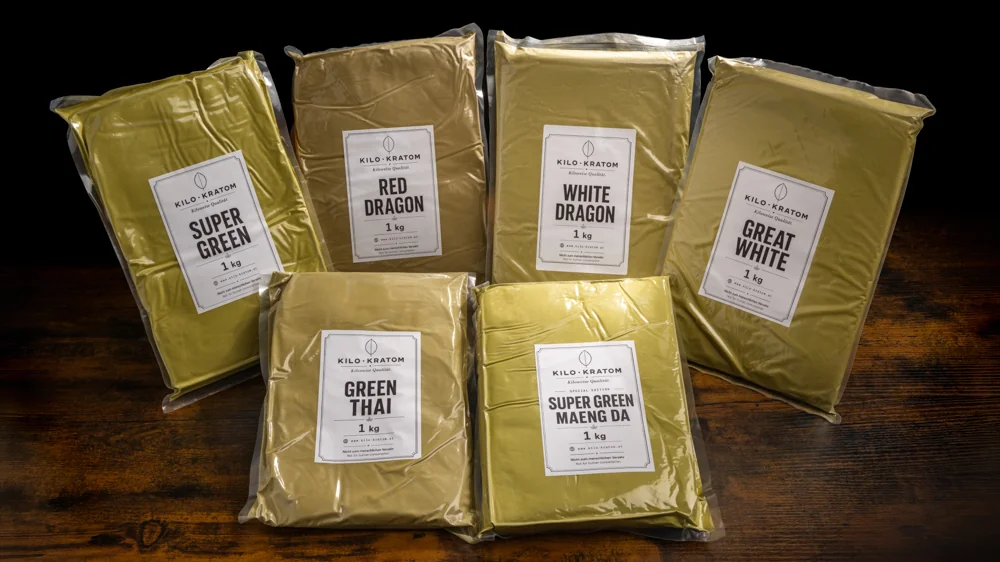 Kilo Kratom Sortiment — sechs Sorten in 1 kg Vakuumverpackung