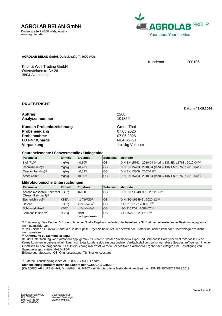 Laborbericht Green Thai, Charge NL-ER2-GT, erste Seite
