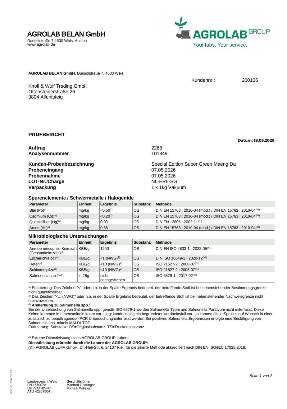 Laborbericht Special Edition Super Green Maeng Da, Charge NL-ER5-SG, erste Seite