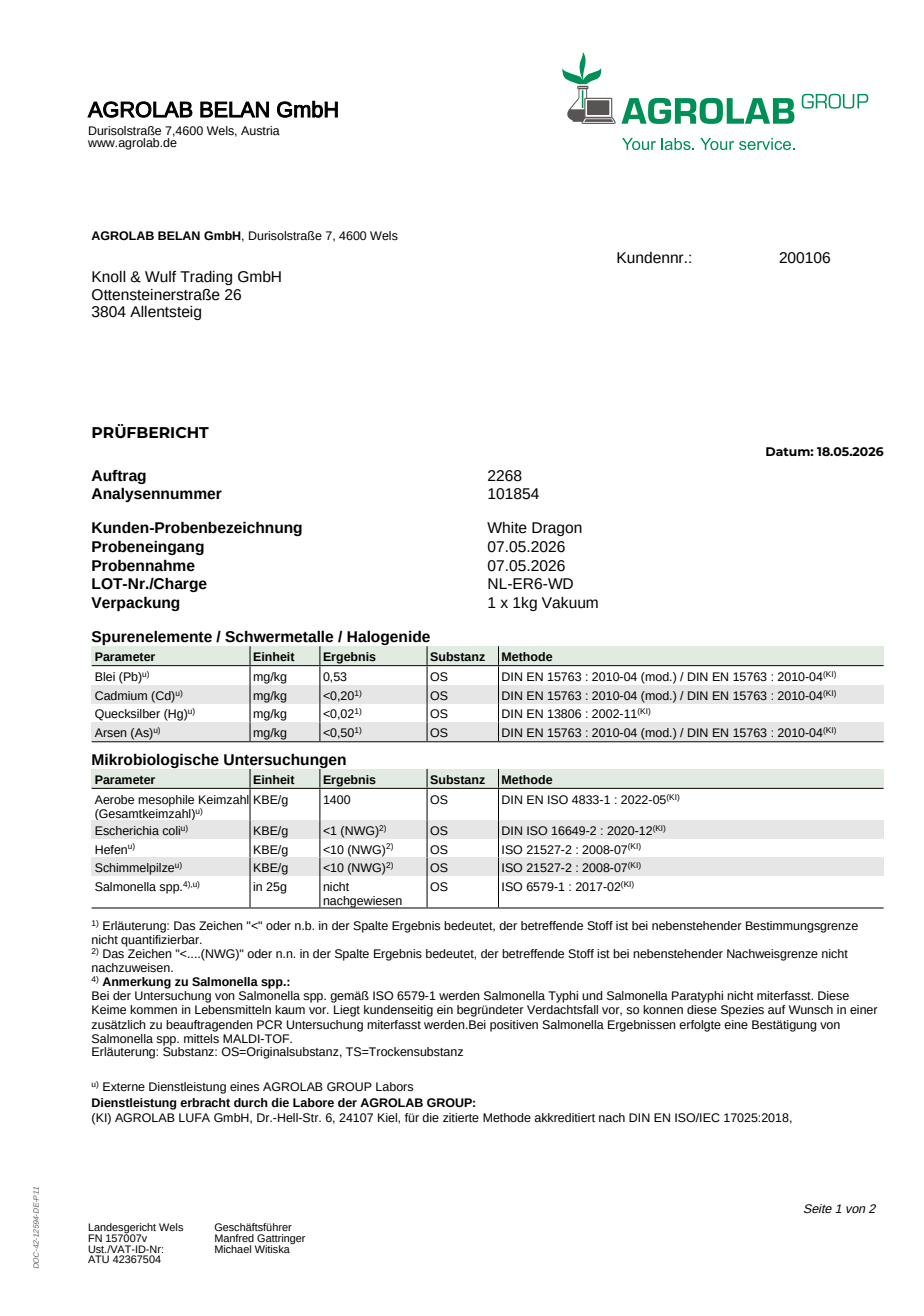 Laborbericht White Dragon, Charge NL-ER6-WD, erste Seite